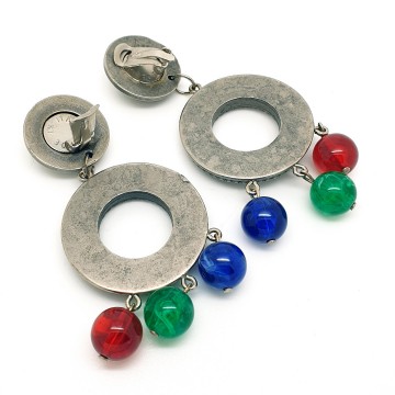 Made in Italy - huge metal coloured 80s earrings with green red and blue bead - Bliinkt