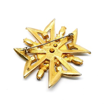 Maltese cross goldtone brooch red rhinestone black enamel back