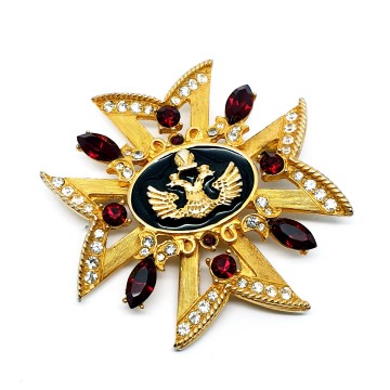Maltese cross goldtone brooch red rhinestone black enamel