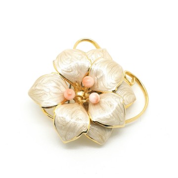 Marbled ivory enamelled flower brooch with pink beads - Bliinkt