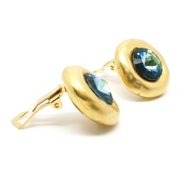 Satin goldtone clip earrings with green rivoli stone