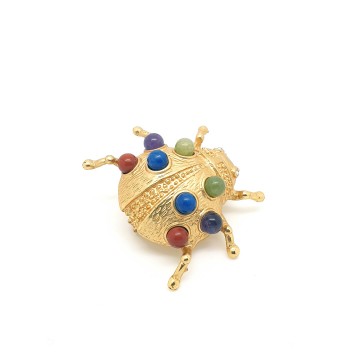 Matte goldtone ladybird brooch with stone cabochons - Bliinkt
