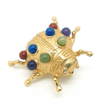 Matte goldtone ladybird brooch with stone cabochons - Bliinkt