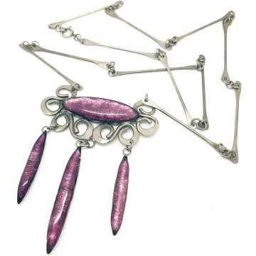 Modernist metal 70s necklace with purple glass cabochons pendant - Bliinkt