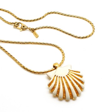 Monet goldtone necklace with white enamelled shell pendant