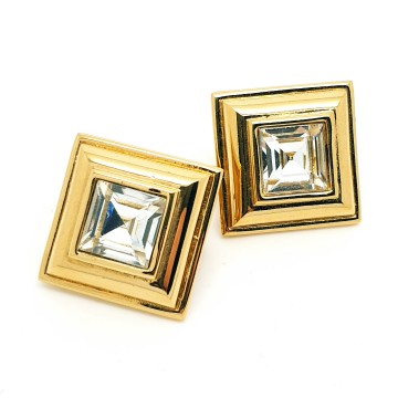 Monet - gold plated square stud clip earrings with clear faceted glass stone - Bliinkt