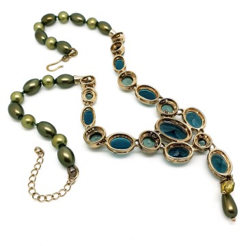 Monet goldtone necklace with green and blue faux pearls and rhinestones   bliinkt
