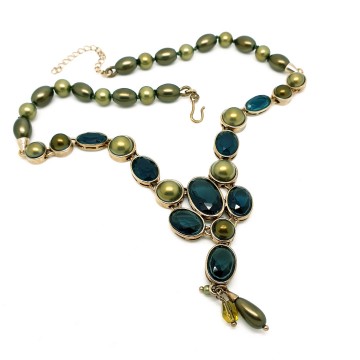 Monet - goldtone necklace with green faux pearls and green and blue 'rhinestones' - Bliinkt