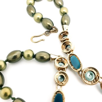 Monet - goldtone necklace with green faux pearls and green and blue 'rhinestones' - Bliinkt