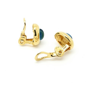 Monet goudkleurige clipoorbellen met blauwe cabochon signed