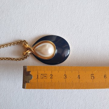 Monet long goldtone necklace with dark blue enamel pendant and faux center pearl