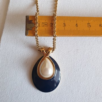 Monet long goldtone necklace with dark blue enamel pendant and faux center pearl
