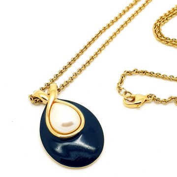 Monet long goldtone necklace with dark blue enamel pendant and faux center pearl