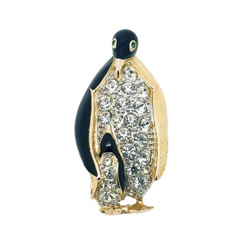Mother and child penguin brooch with clear rhinestone body and green rhinestone eyes - Bliinkt