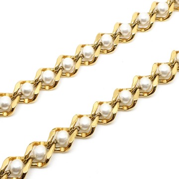 Napier lange goudkleurige schakelketting met parels close up