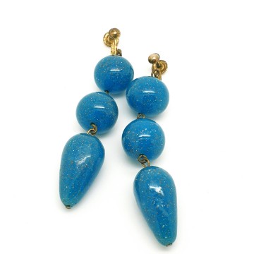Old dangle earrings with dark turquoise glass beads with gold glitter - Bliinkt