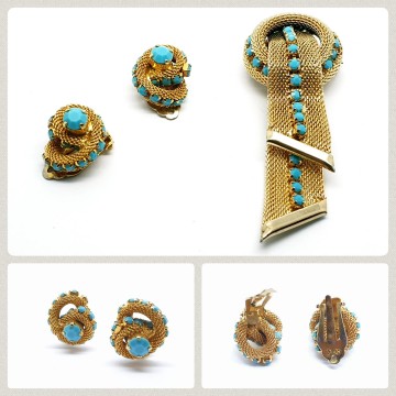 Oorbellen met bijpassende lintbroche goudkleurig met turquoise steentjes