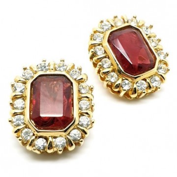 Goldtone earrings with raspberry coloured glass stone and clear strass - Bliinkt