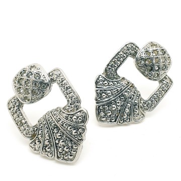 Large silvertone clip earrings with rhinestones - Bliinkt