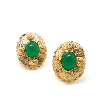 Oval goldtone earrings with green cabochon - Bliinkt