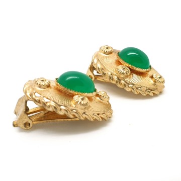 Oval goldtone earrings with green cabochon - Bliinkt