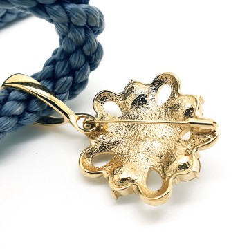 Pierre Lang - grey cord necklace with goldtone pendant and brooch with clear rhinestones and faux pearl - Bliinkt