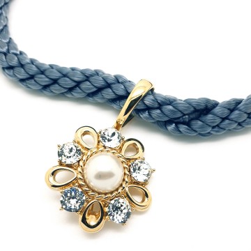 Pierre Lang - grey cord necklace with goldtone pendant and brooch with clear rhinestones and faux pearl - Bliinkt