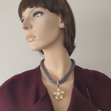 Pierre Lang - grey cord necklace with goldtone pendant and brooch with clear rhinestones and faux pearl - Bliinkt