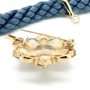 Pierre Lang - grey cord necklace with goldtone pendant and brooch with clear rhinestones and faux pearl - Bliinkt