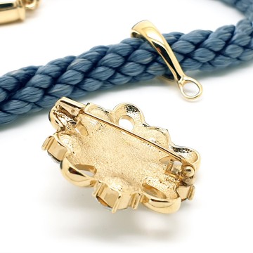 Pierre Lang - grey cord necklace with goldtone pendant and brooch with clear rhinestones and faux pearl - Bliinkt