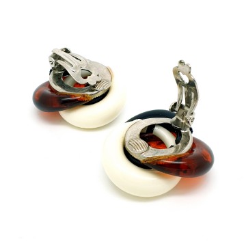 Lucite, black, white and marbled brown coloured clip earrings