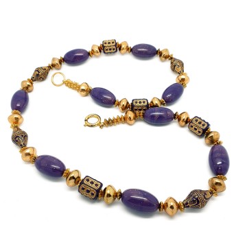 Purple and goldtone plastic beads necklace