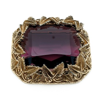 Leaf brooch with large faceted purple glass stone - Bliinkt