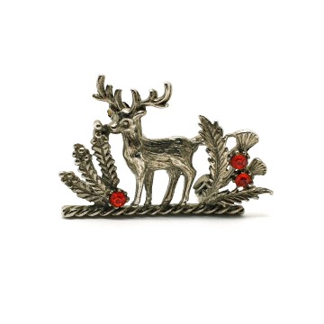 Reindeer brooch white metal with red rhinestones