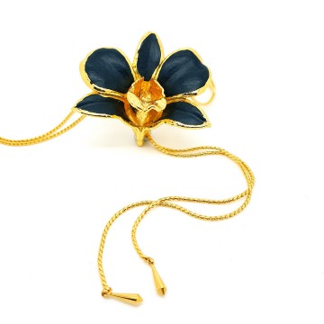 Risis goldtone orchid black enamelled slider necklace
