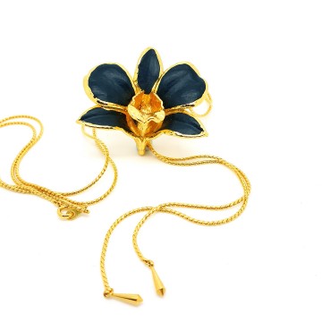Risis goldtone orchid black enamelled slider necklace