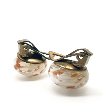 Round clear glass button earrings with white and goldflake swirl - Bliinkt