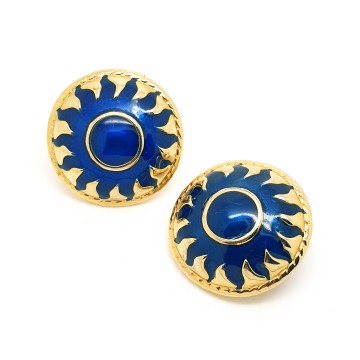 Ronni - round goldtone sun earrings with blue enamel - Bliinkt