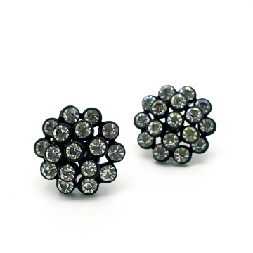 Round black plastic screw back earrings with clear rhinestones