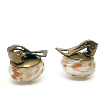 Round clear glass button earrings with white and goldflake swirl - Bliinkt