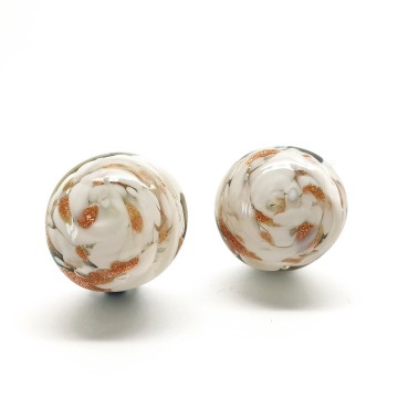 Round clear glass button earrings with white and goldflake swirl - Bliinkt