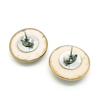 Round porcelain earrings with mother of pearl centre surrounded by navy blue and gold tone edge