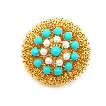 Ronde goudkleurige broche met turquoise en parelkraaltjes - Bliinkt