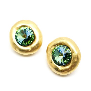 Satin goldtone clip earrings with green rivoli stone
