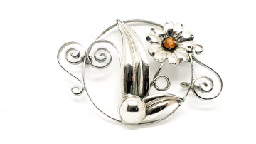 Set van zilveren bloembroche en oorbellen met donkergele rhinstones als hart gemerkt sterling broche