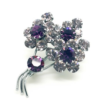 Silvertone bouquet flower brooch with lilac and purple rhinestone flowers - Bliinkt