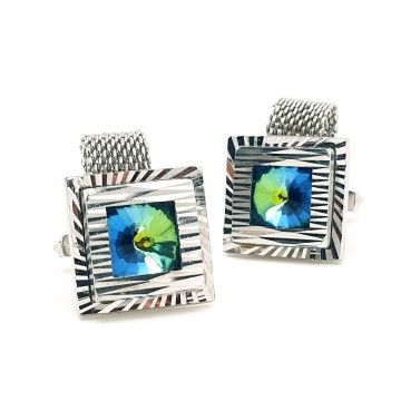 Silvertone square cufflinks with blue green rivoli rhinestone - Bliinkt