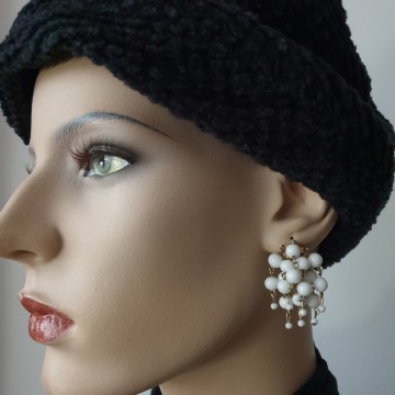 Silvertone earrings with 8 white strands of glass beads