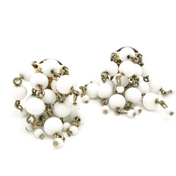 Silvertone earrings with 8 white strands of glass beads