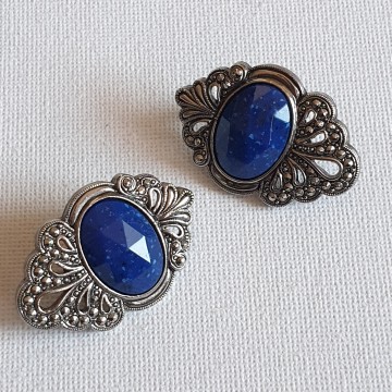 Silvertone earrings with lapis blue facetted cabochons and marcasites